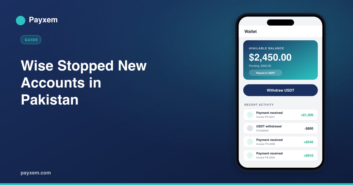 Payxem wallet screen showing a freelancer balance with bank and USDT payout options